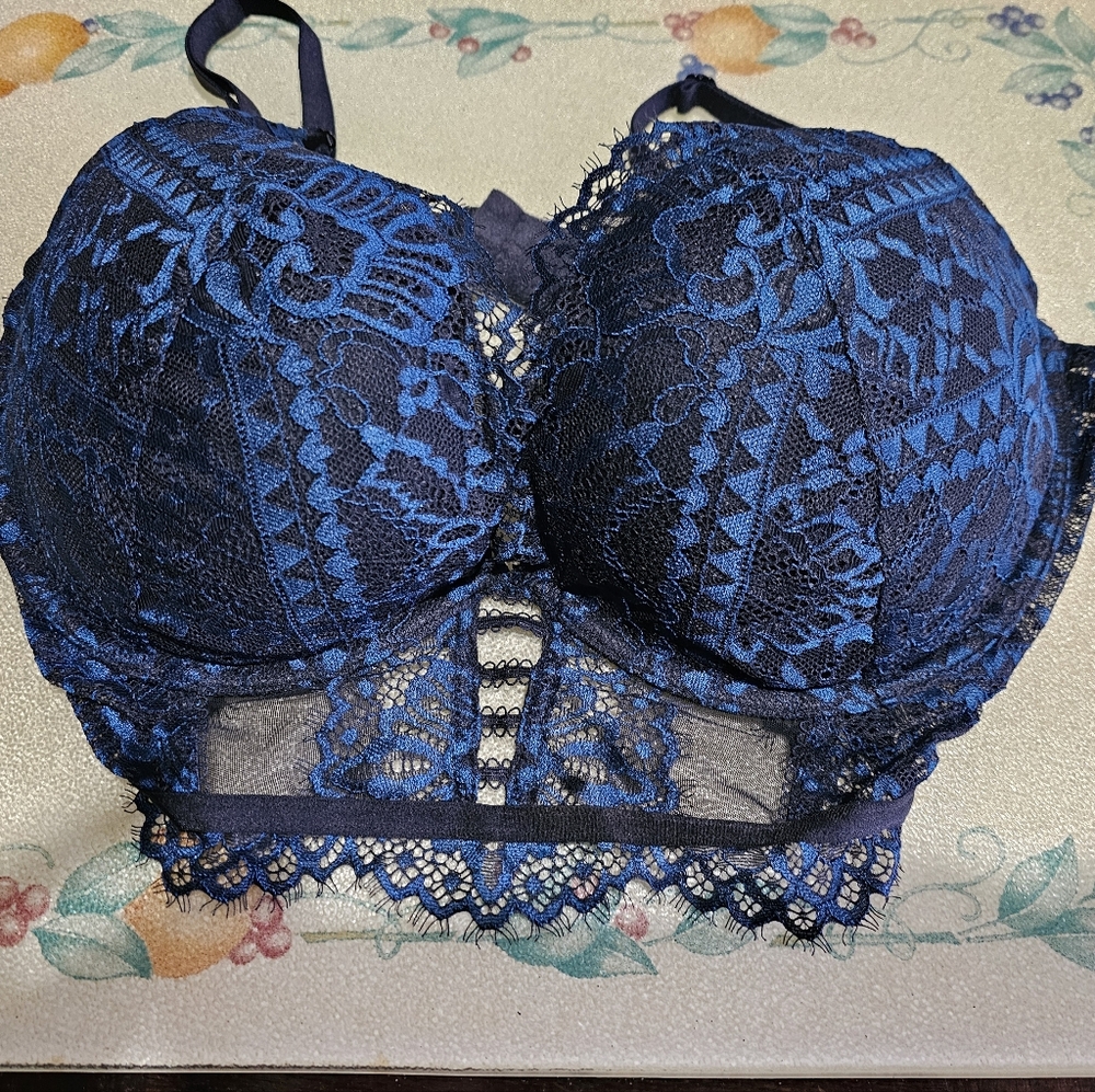 Lace Overlay Bralette in Deep Blue Deep Plunge Intimate